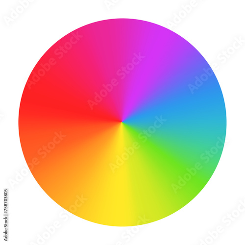 Radial rainbow gradient circular swirl, color spectrum in a vibrant wheel, RGB gradation. Flat vector illustration isolated on white background.