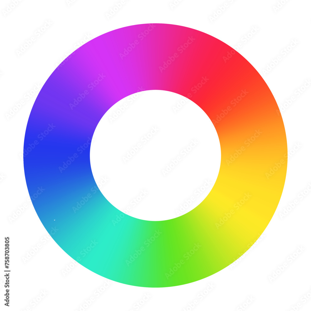 Radial rainbow gradient circular swirl, color spectrum in a vibrant wheel, RGB gradation. Flat vector illustration isolated on white background.