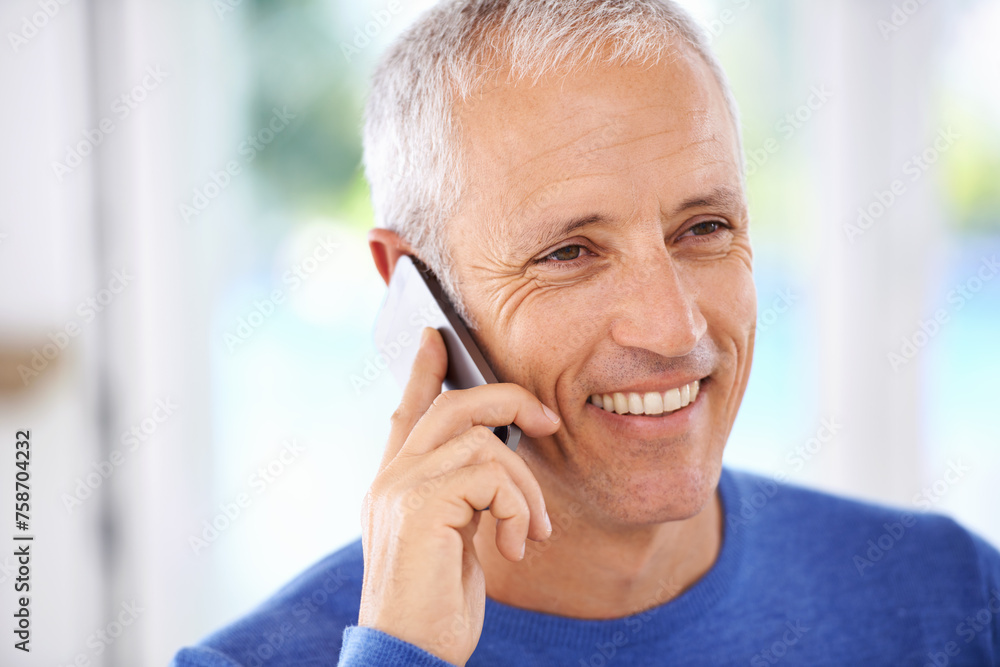Senior, man and face with phone call in home with laughing for funny conversation, discussion and mobile chat. Elderly, person and happy with smartphone for talking, comic joke and mockup space Senior, man and face with phone call in home with laughing for funny conversation, discussion and mobile chat. Elderly, person and happy with smartphone for talking, comic joke and mockup space