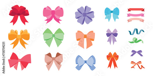 Colorful flat handmade organic bows in modern style on white background. Ideal for fashion jewelry. Large selection of bow ties for different occasions. EPS10