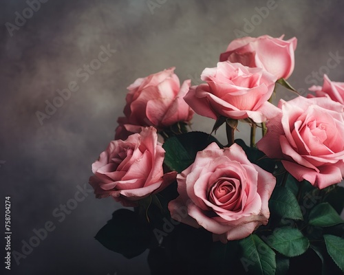 Beautiful bouquet of pink roses  flowers on a dark background  soft and romantic vintage filter  looking like an vintage