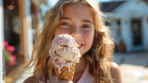 Girl holding an ice cream cone facing the camera outdoors