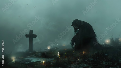 Mystical Vigil: Shadowy Figure by Graveyard Cross in Foggy Twilight