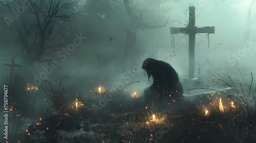 Ethereal Vigil: Grim Reaper at a Misty Gravesite