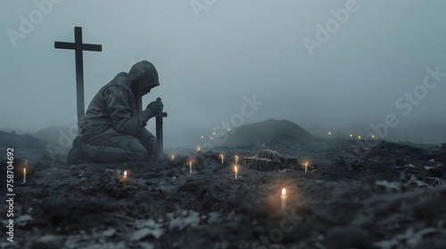 Mourning Warrior: A Solemn Vigil at a Grave in the Mist