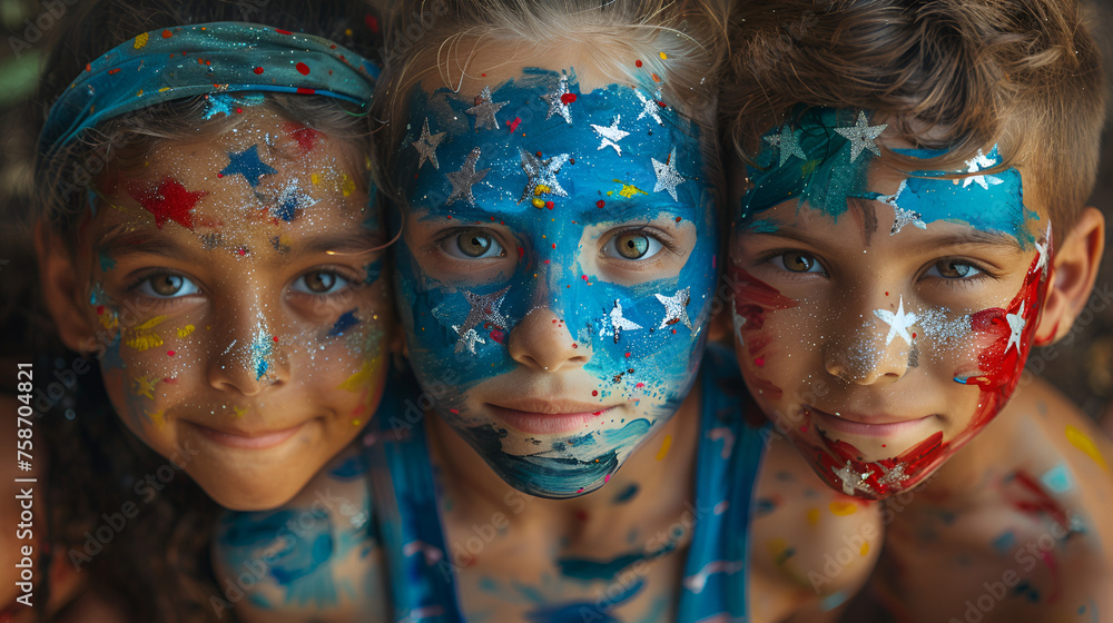 Children with Paint on Their Faces in American Flag Memorial Day, Generative AI - obrazy, fototapety, plakaty 