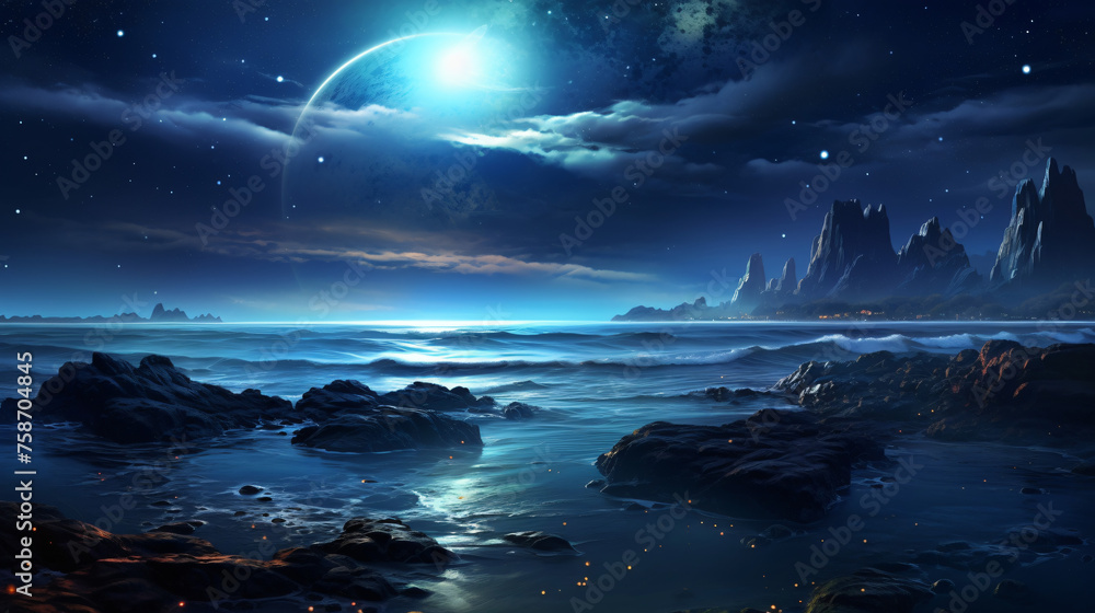 Ocean fantasy night landscape sea starry dark waves