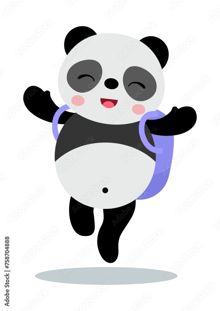 Fototapeta premium Happy panda student with backpack on his back