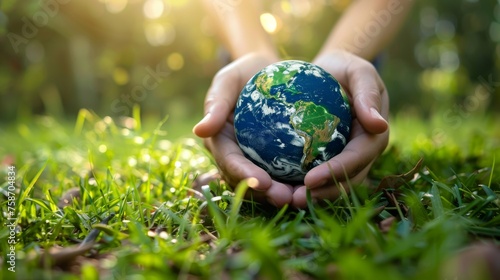 Earth Day / environment protection eco care ecology future recycling, responsibility save concept - Woman or man hands holding a world globe, isolated on green background