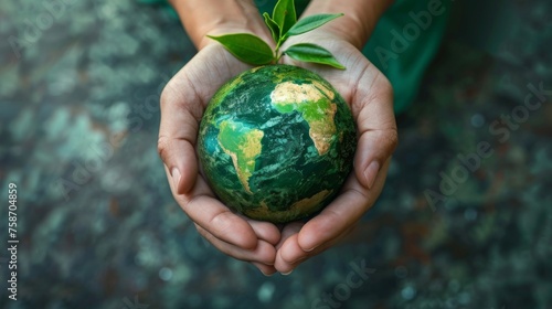 Earth Day / environment protection eco care ecology future recycling, responsibility save concept - Woman or man hands holding a world globe, isolated on green background