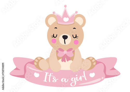 Princess teddy bear with baby girl ribbon banner
