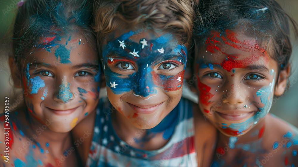 Children with Paint on Their Faces in American Flag Memorial Day, Generative AI - obrazy, fototapety, plakaty 