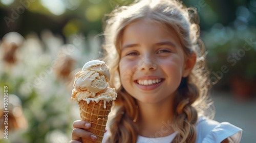 Girl holding an ice cream cone facing the camera outdoors © Tounkham