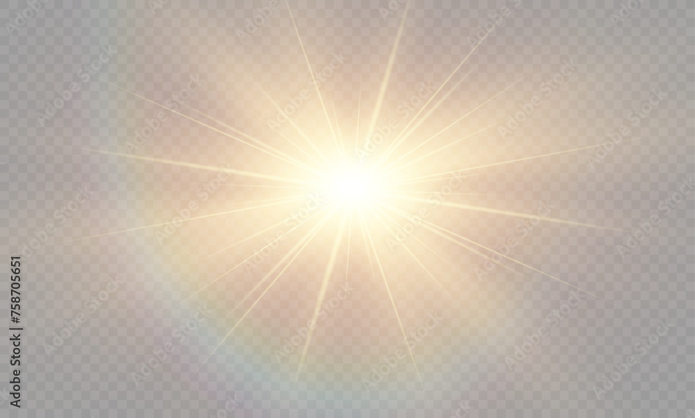 Vector transparent sunlight special lens flare light effect. Lens flare light effect. Sun flash with warm rays and spotlight. Isolated star burst in sky	