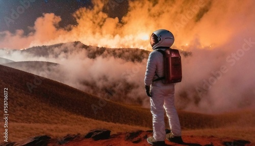 astronaut walking through the pink fog on the alien planet
