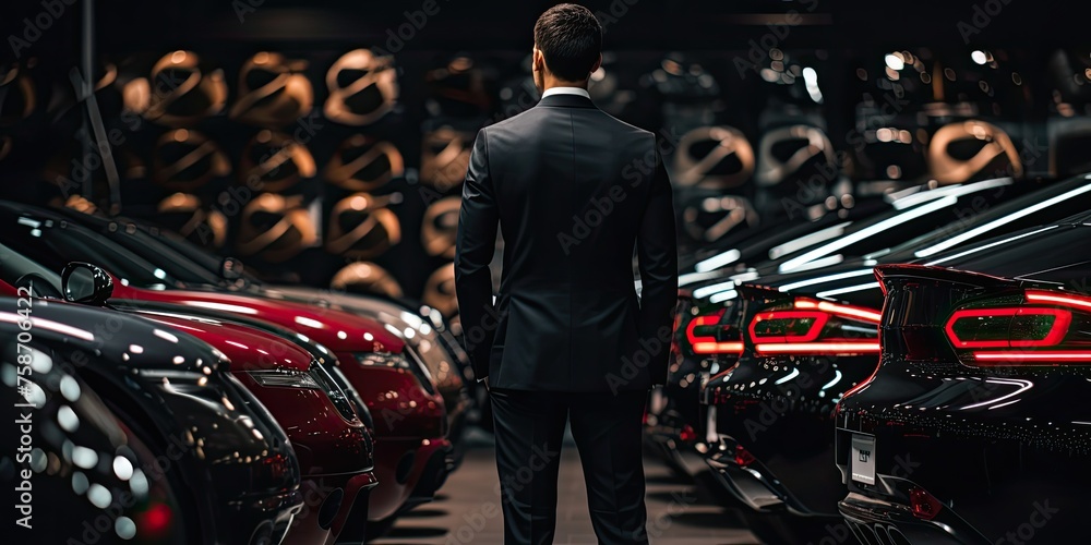Surrounded by luxury, a young businessman completes the transaction for his desired sports car or supercar, ready to hit the road in style.