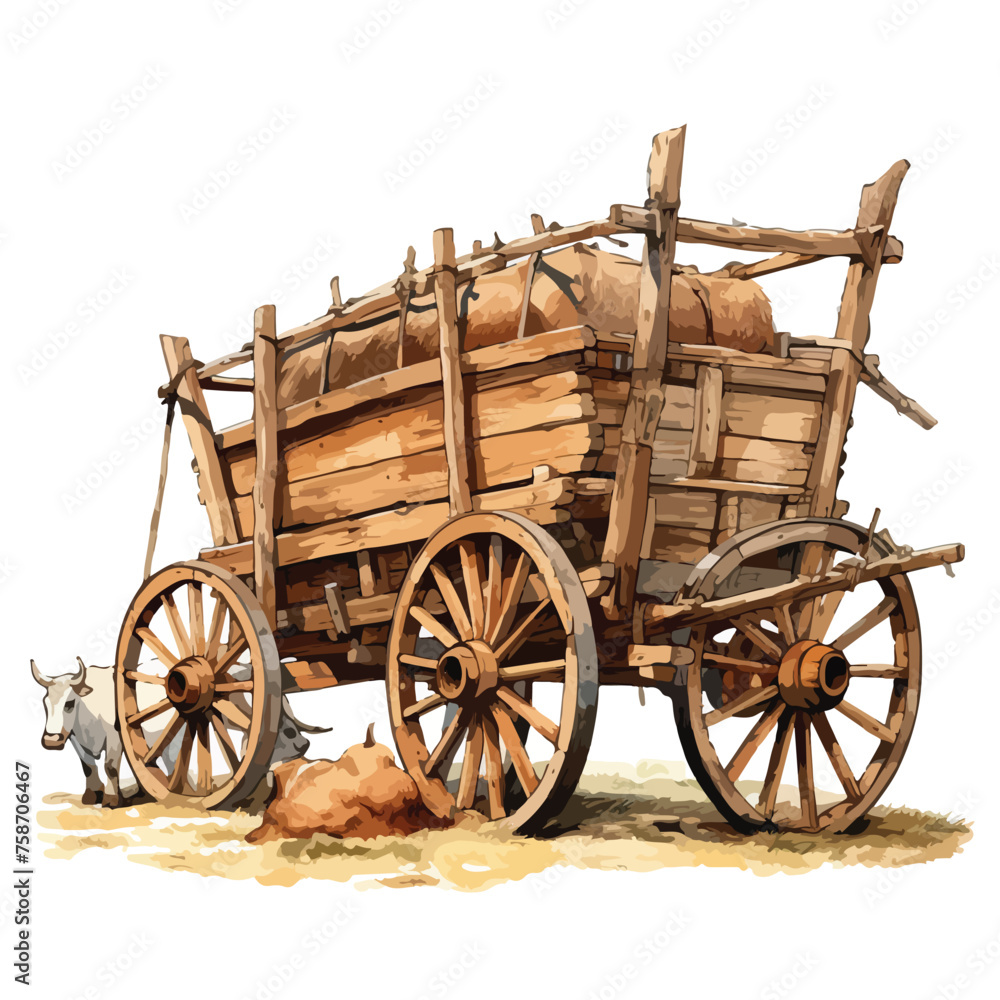 Rickety wooden cart pulled by oxen on a rural farm. C