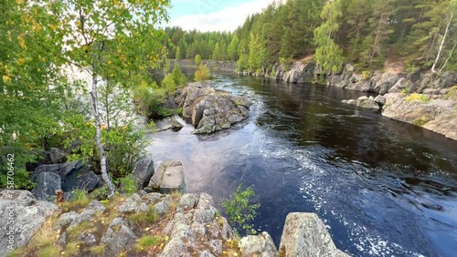 Canyon of the Nizhny Vyg river, near the Padun waterfall. A river gorge with rocks and greenery. Not far from the White Sea-Baltic Canal. Karelia, Russia 4K photo