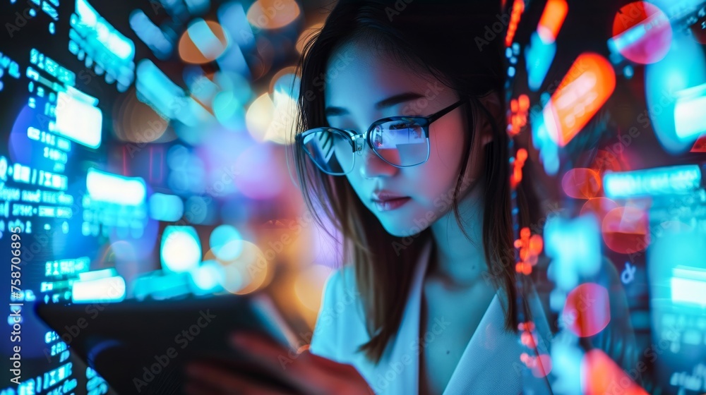 An Asian woman is focused on her tablet with colorful data screens reflected on her glasses An Asian woman is focused on her tablet with colorful data screens reflected on her glasses