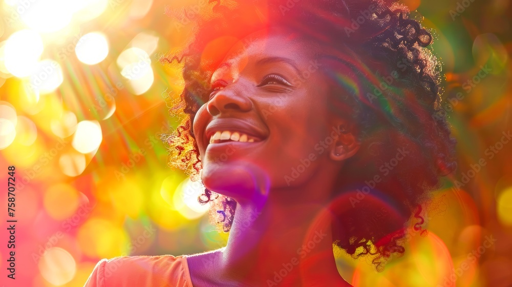 Radiant African American woman enjoying the sunlight with vivid colors around her