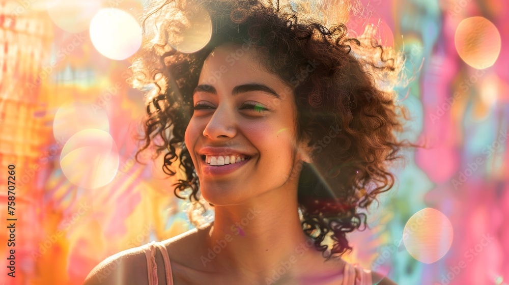 Portrait of a smiling curly-haired young woman surrounded by colorful bokeh lights Portrait of a smiling curly-haired young woman surrounded by colorful bokeh lights