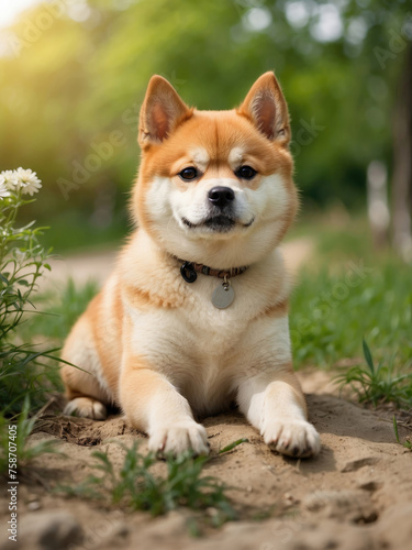 Akita puppy on a walk in the nature