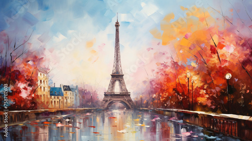 Oil painting Eiffel Tower with abstract background