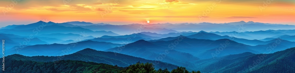 Summer Sunset over Blue Ridge Mountains. Scenic Landscape of North Carolina Parkway in Blue Ridge Mountain Range at Dawn and Dusk