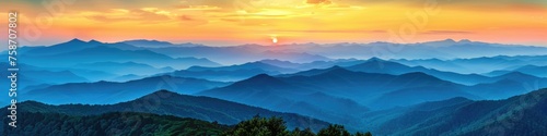 Summer Sunset over Blue Ridge Mountains. Scenic Landscape of North Carolina Parkway in Blue Ridge Mountain Range at Dawn and Dusk