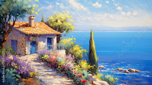 Oil painting  house near the sea colorful flowers and © Natia