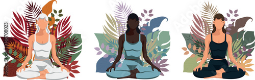 Set of vector illustrations of woman in lotus pose face less with batanical background Poster, flat illustration yoga illustration eps 10