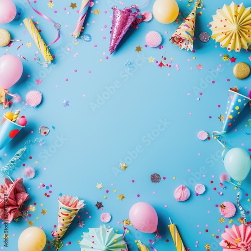 Top View Birthday Party Flat Lay Background with Colorful Objects for Celebration and Party from Above