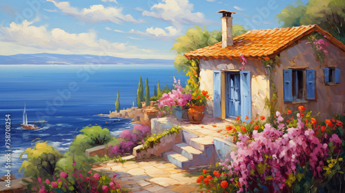 Oil painting house near the sea colorful flowers sum