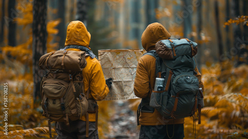 A Photo of a Group of Hikers Consulting a Trail Map in a Forest,generative ai