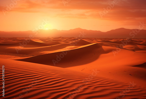 Sun setting over sand dunes