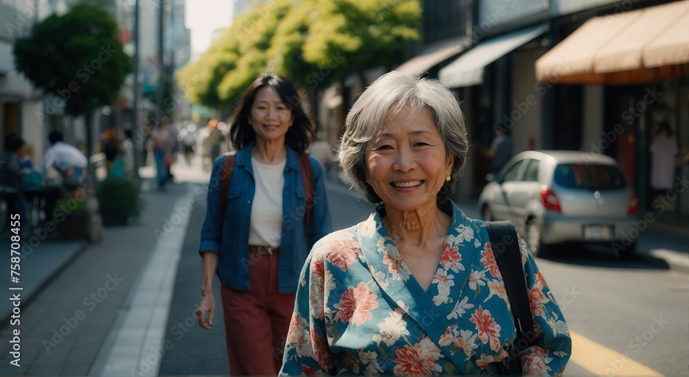 A smiling senior Japanese woman in her 60s walks down the street. Generated AI A smiling senior Japanese woman in her 60s walks down the street. Generated AI