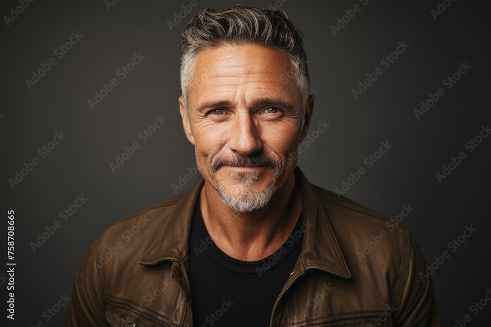 Portrait of a handsome mature man in a leather jacket. Men's beauty, fashion.