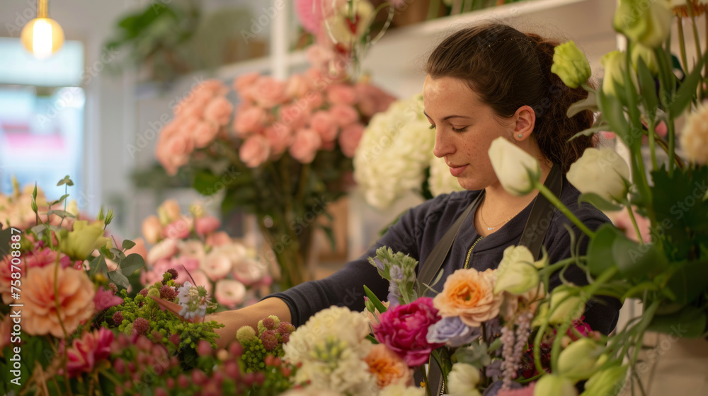 Exquisite flowers displayed in a sophisticated flower shop, showcasing a diverse range of colors and species