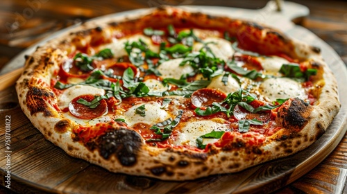 Authentic Neapolitan pizza with mozzarella, basil, and pepperoni, beautifully presented on a rustic wooden table, ready to be enjoyed