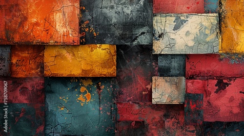 Abstract Geometric Texture With Rich, Layered Blocks Of Orange, Black, Yellow, And Red. Weathered, Destroyed, Contrast, And Grunge Backdrop. AI Generated