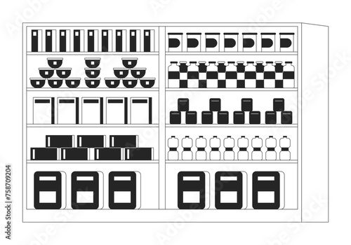 Supermarket shelves black and white 2D line cartoon object. Grocery store rack isolated vector outline item. Grocerys product display. Shop foodstuff merchandising monochromatic flat spot illustration
