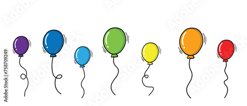 Hand Drawn Doodle Style Colorful Balloons Collection Isolated on White Background. Vintage Style Party or Birthday Balloons Illustrations Set. Hand drawn balloons doodle icon design elements.