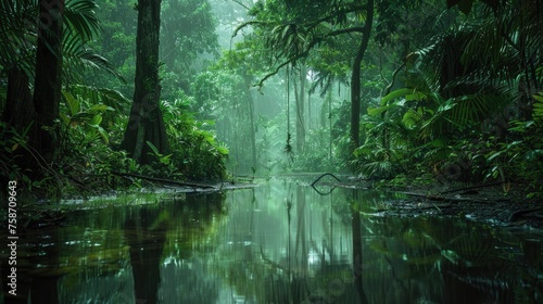 Tropical Rain Forest Landscape with Mirror-like Water Surface Perfectly Reflecting the Greenery and Trees in the Amazon Jungle