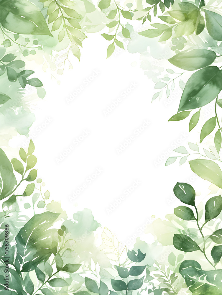 Green leaves watercolor background invitation template, Generative AI Green leaves watercolor background invitation template, Generative AI