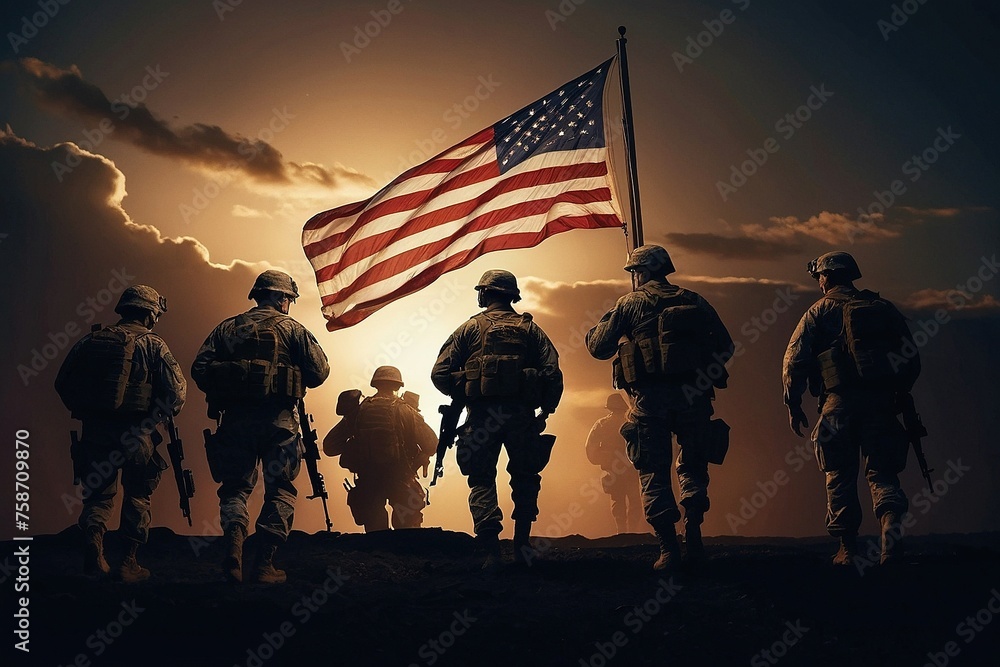 Silhouetted US Soldiers Stand Tall at Sunset Against the American Flag: A Tribute to Veterans Day, Military Service, and National Pride in the Backdrop of War, Independence Day, Victory, Patriotism  - obrazy, fototapety, plakaty 
