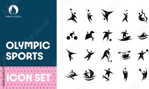 Big set of vector icons for different sports. Modern flat pictograms of football, basketball, rock climbing, breakdancing, cycling, swimming, tennis, volleyball, hockey. Sports competitions, events. © vernStudio