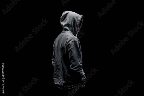 Unrecognizable Faceless Man in Hoodie. Dark and Dangerous Isolated Image of an Anonymous Male Person on Black Background