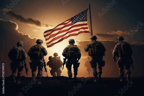 Silhouetted US Soldiers Stand Tall at Sunset Against the American Flag: A Tribute to Veterans Day, Military Service, and National Pride in the Backdrop of War, Independence Day, Victory, Patriotism 
