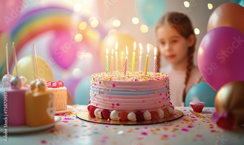 pink birthday cake with candles  birthday party for children  children having fun  colorful cake  rainbow  multicolored balloons and sparkles  chocolate  sugar and candies  candles  Generative AI