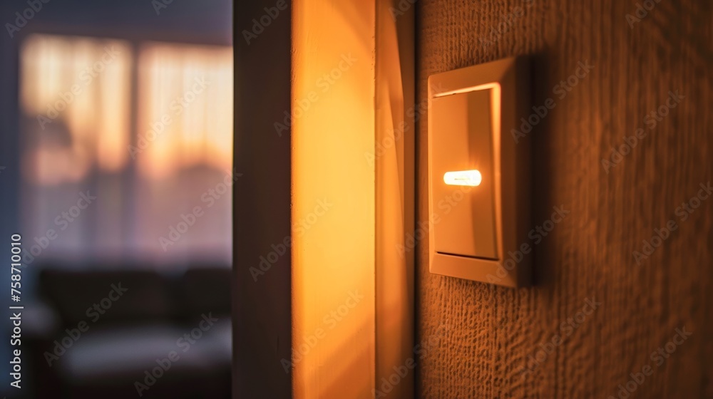 Cozy ambiance created by a glowing light switch on a wall during evening with soft focus background Cozy ambiance created by a glowing light switch on a wall during evening with soft focus background